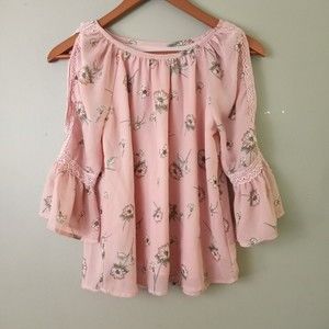 Knitworks Girls XL Pink Floral Boho Blouse Lined Cold Shoulder Lace Trim